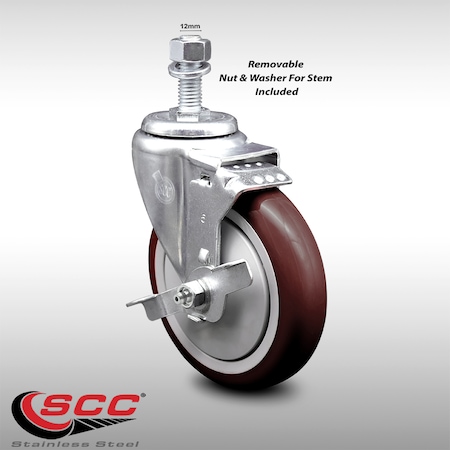 Service Caster 5 Inch SS Maroon Polyurethane Swivel 12mm Threaded Stem Caster Brake SCC SCC-SSTS20S514-PPUB-MRN-TLB-M1215